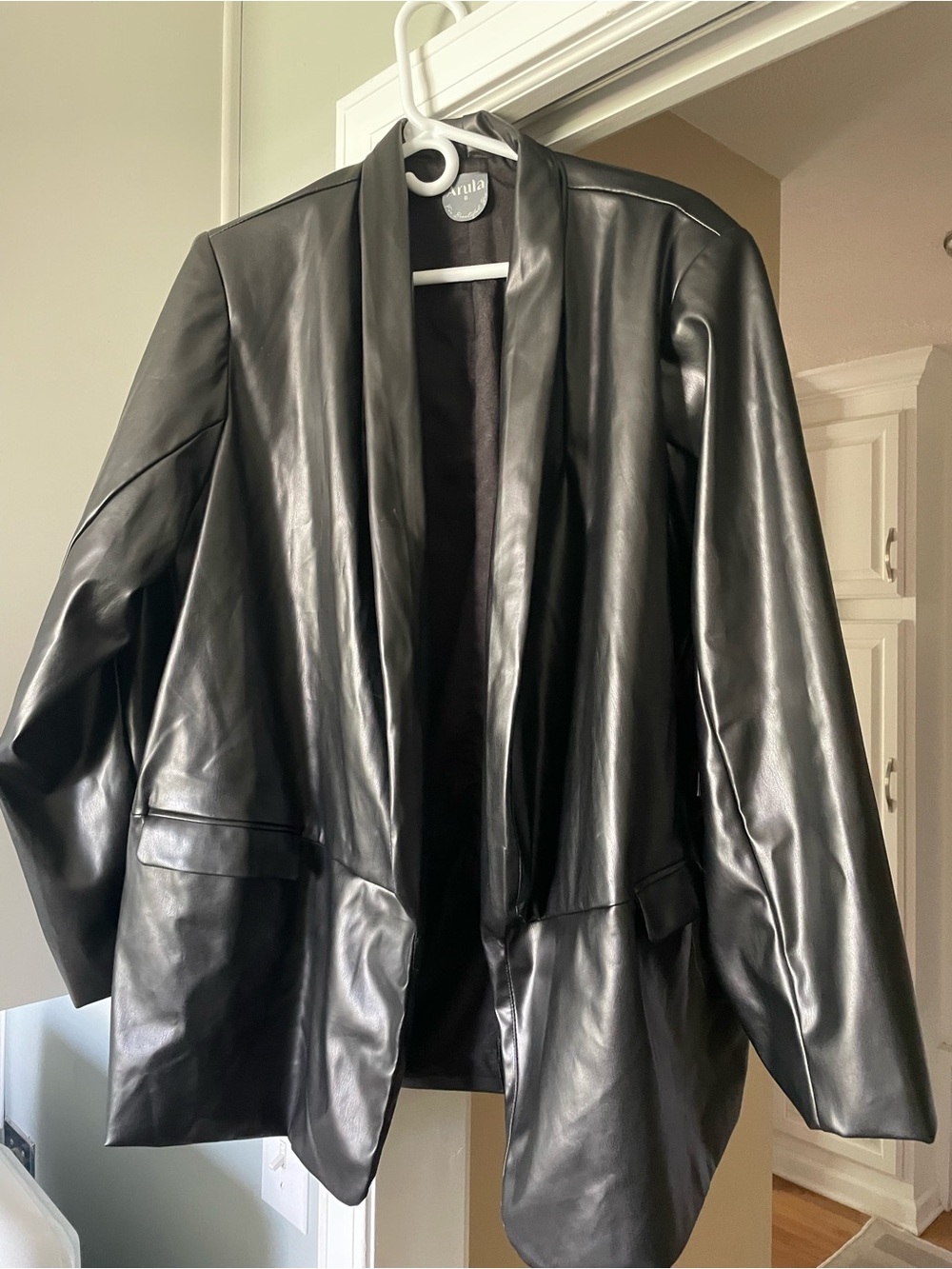 ARULA Black Faux Leather Open Blazer Jacket